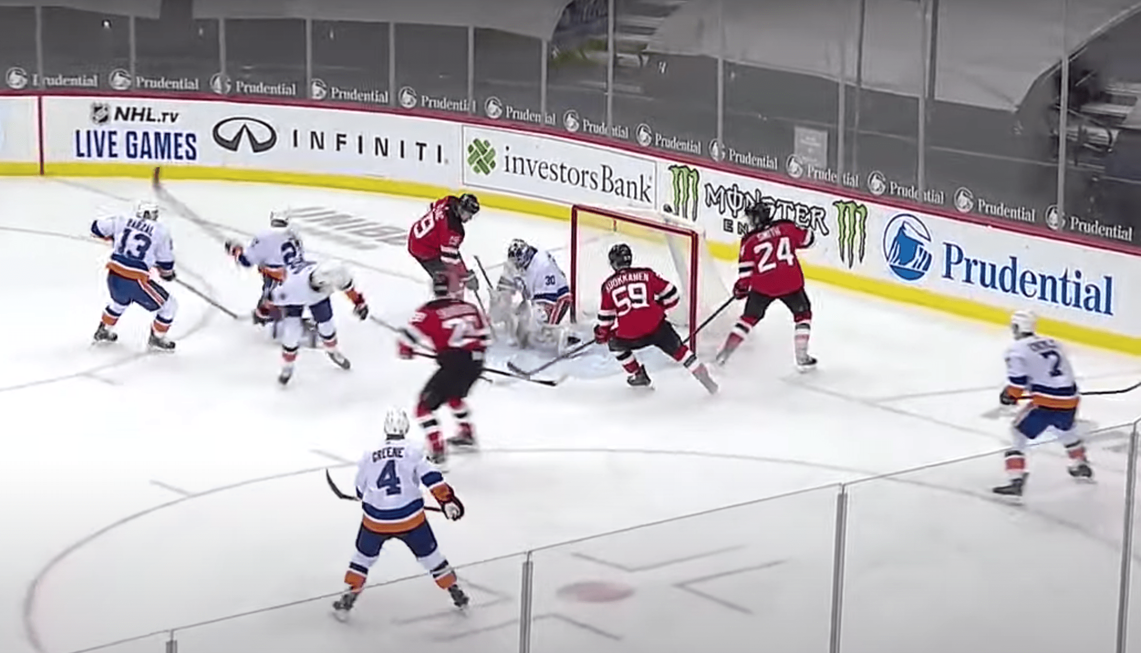 New York Islanders Ilya Sorokin makes a save on the New Jersey Devils