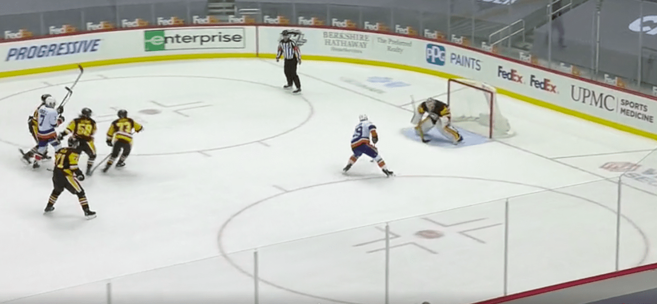 New York Islanders Brock Nelson on a breakaway against the Pittsburgh Penguins