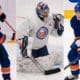 New York Islanders Oliver Wahlstrom, Ilya Sorokin, Noah Dobson