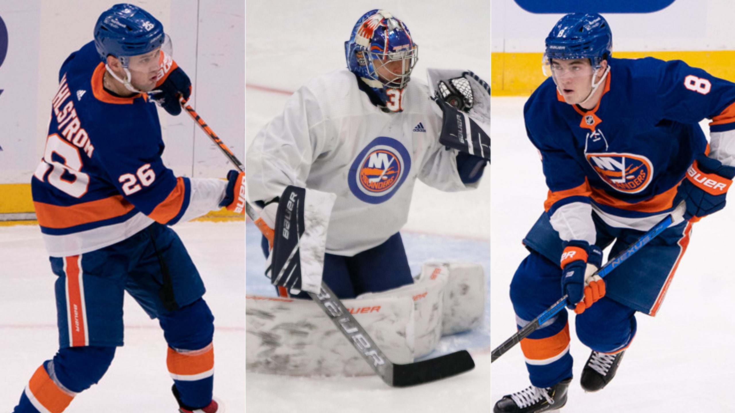 New York Islanders Oliver Wahlstrom, Ilya Sorokin, Noah Dobson