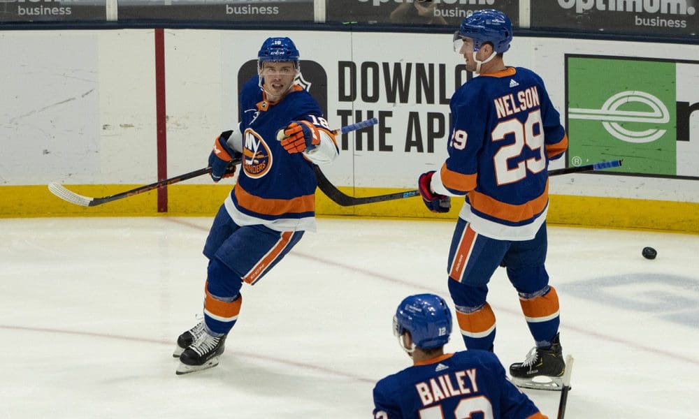 New York Anthony Beauavillier (18) reacts to scoring a goal with New York Islanders Center Brock Nelson.