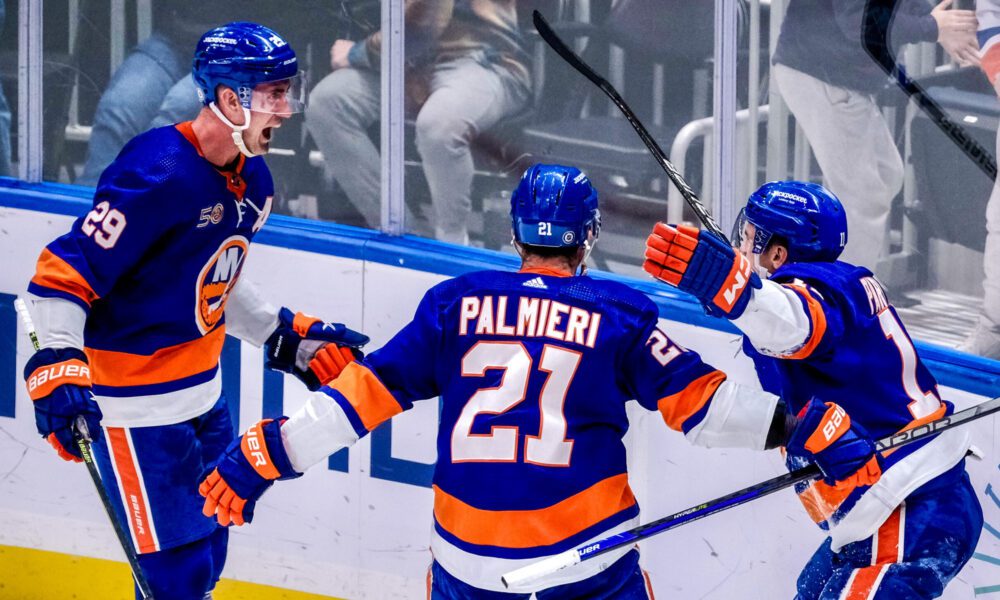 New York Islanders Brock Nelson, Kyle Palmieri and Zach Parise celebrating Parise's goal (Photo courtesy of New York Islanders Twitter)