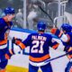 New York Islanders Brock Nelson, Kyle Palmieri and Zach Parise celebrating Parise's goal (Photo courtesy of New York Islanders Twitter)