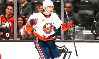 New York Islanders forward Pierre Engvall celebrating his goal against the Anaheim Ducks (Photo courtesy of New York Islanders Twitter)