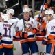 New York Islanders forward Brock Nelson and teammates celebrating after his overtime goal against the Penguins (Photo courtesy of New York Islanders website)